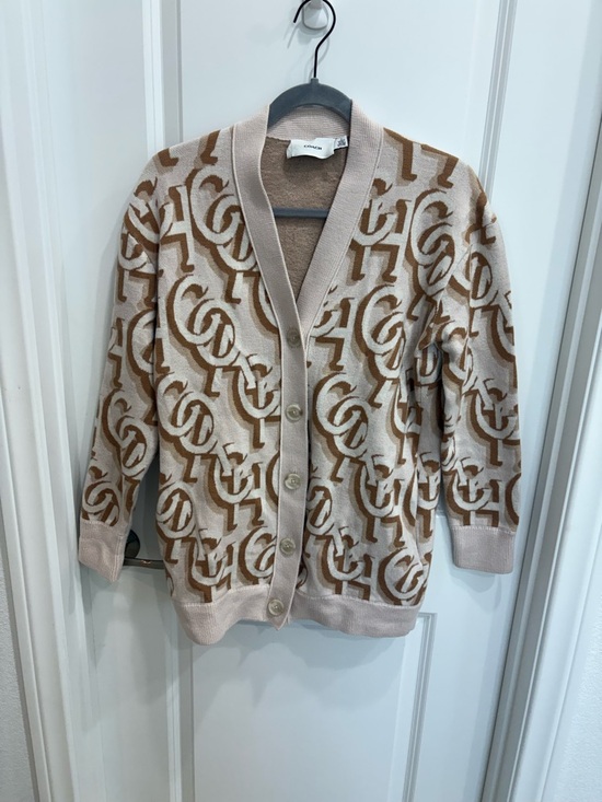 Coach Sweaters - Coach Beige & Brown Logo Jacquard Cardigan